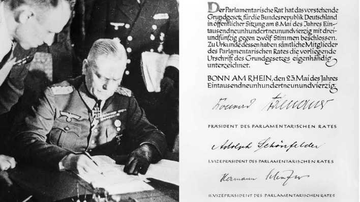 Collage:8. Mai: Keitel bei Unterzeichnung Kapituation 1945, Grundgesetz 1949 (Bild: picture-alliance/dpa/akg-images)