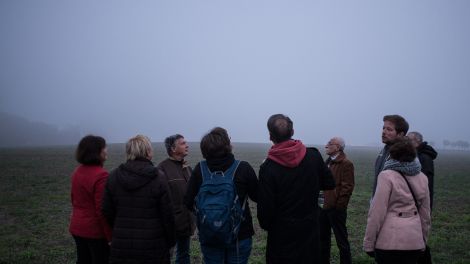Auf dem Weg zur Landbäckerei machen wir einen Zwischestp bei den Kranichen, die sind aber wegen des Nebels nur zu hören (Bild: Dieter Freiberg)