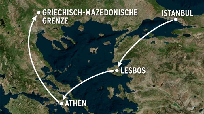 Weiße Pfeile zeichnen FritzReporter Max Ulrichs Route nach: von Istanbul über die Insel Lesbos und Athen an die griechisch-mazedonische Grenze (Karte: bing | Edit: Fritz) Weiße Pfeile zeichnen FritzReporter Max Ulrichs Route nach: von Istanbul über die Insel Lesbos und Athen an die griechisch-mazedonische Grenze (Karte: bing | Edit: Fritz)