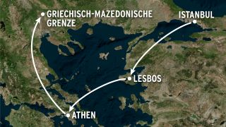 Weiße Pfeile zeichnen FritzReporter Max Ulrichs Route nach: von Istanbul über die Insel Lesbos und Athen an die griechisch-mazedonische Grenze (Karte: bing | Edit: Fritz)