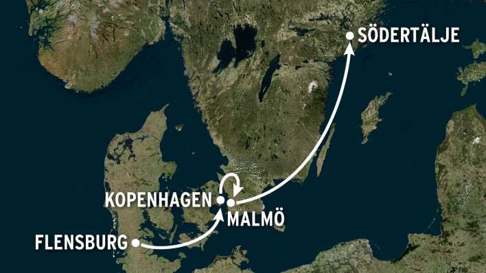 Weiße Pfeile zeichnen FritzReporter Max Ulrichs Route nach: von Flensburg über Kopenhagen und Malmö nach Södertälje. (Karte: bing | Edit: Fritz) Weiße Pfeile zeichnen FritzReporter Max Ulrichs Route nach: von Flensburg über Kopenhagen und Malmö nach Södertälje. (Karte: bing | Edit: Fritz)
