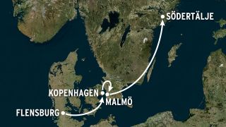 Weiße Pfeile zeichnen FritzReporter Max Ulrichs Route nach: von Flensburg über Kopenhagen und Malmö nach Södertälje. (Karte: bing | Edit: Fritz)