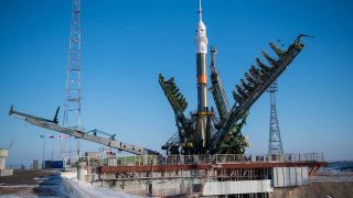 Startrampe für die Sojus-Rakete im Weltraumbahnhof Baikonur, Kasachstan