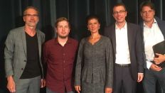 Von links nach rechts: Dietmar Ringel, Kevin Kühnert, Sahra Wagenknecht, Paul Nolte und Jakob Augstein