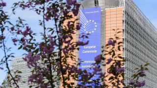 Im Bild ist ein blühender Strauch und im Hintergrund das Gebäude der Europäischen Kommission zu sehen. (Bild: imago images/Christian Spicker)