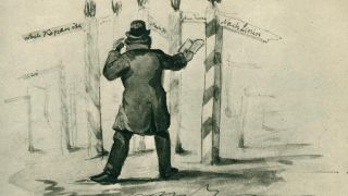 Theodor Fontane als Wanderer in der Mark, Karikatur von August von Heyden, 1860er Jahre (Bild in: Theodor Fontanes engere Welt. Aus dem Nachlaß herausgegeben von Mario Krammer, Berlin 1920)