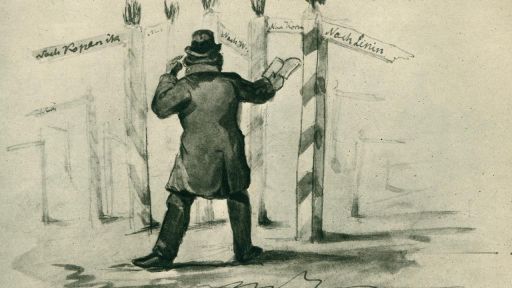 Theodor Fontane als Wanderer in der Mark, Karikatur von August von Heyden, 1860er Jahre, in: Theodor Fontanes engere Welt. Aus dem Nachlaß herausgegeben von Mario Krammer, Berlin 1920