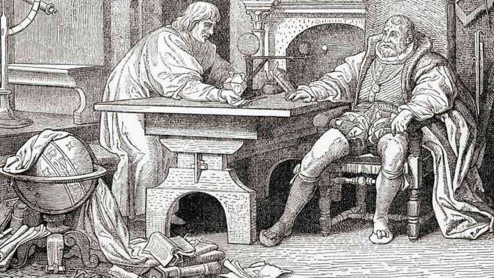 Historischer Stich: Astronom Johannes Kepler mit Rudolf II. (Bild: imago images/Design Pics)