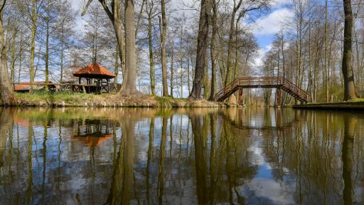 Raddusch: Im sonnigen Frühlingswetter spiegelt sich die Spreewaldlandschaft am Naturhafen in einem Fließ