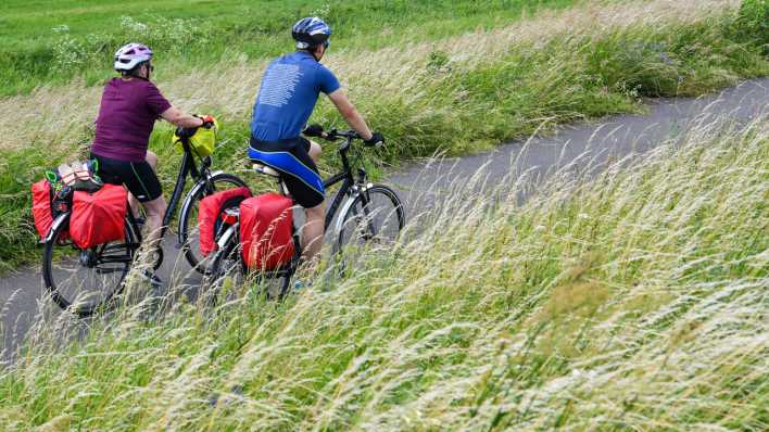 Brandenburg, Reitwein: Radwandertouristen fahren mit ihren bepackten Fahrrädern auf dem Oder-Neiße-Radweg, der sich im Oderbruch auf dem Deich am deutsch-polnischen Grenzfluss Oder nahe Reitwein (Brandenburg) befindet. Der Oder-Neiße-Radweg ist ein rund 630 Kilometer langer Fernradweg in Tschechien und Deutschland