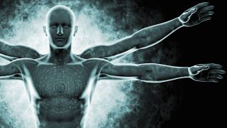 DNA-Kodierung über der Nahaufnahme eines futuristischen vitruvianischen Mannes
