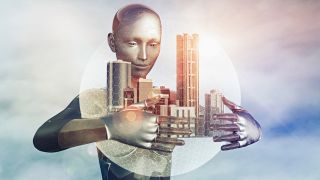 Roboter hält Stadt in einer Sphäre