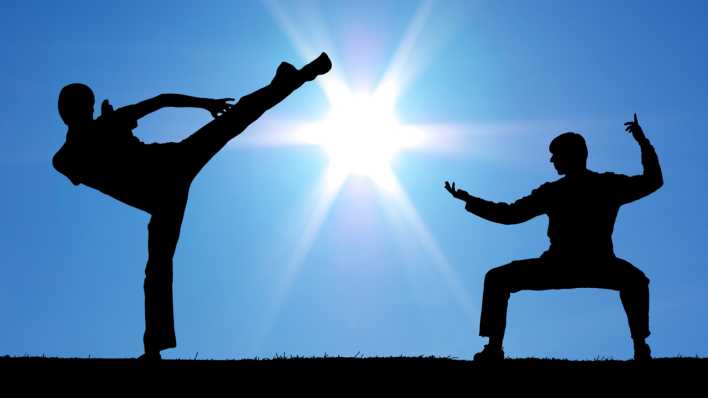Zwei Silhouetten machen Capoeira. Im HIntergrund ist die Sonne (Bild: colourbox)