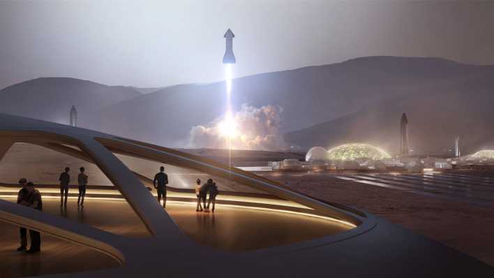Illustration: Rakete und Gebäude von Tesla auf dem Mars Illustration: Rakete und Gebäude von Tesla auf dem Mars