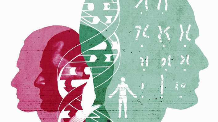 Chromosome und Doppelhelix über Silhouetten von Männern