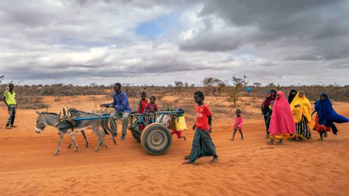 Menschen, die wegen eine Dürre aus ihrer Region vertrieben wurden, suchen eine neue Heimat zum Leben (Bild: picture alliance/dpa/AP)