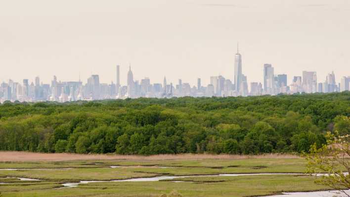 Die Skyline von Lower Manhattan aus Sicht des Freshkill Parks in Staten Island