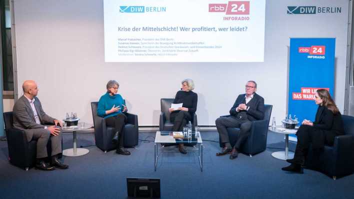 Forum "Krise der Mittelschicht" mit v.l.n.r.: Marcel Fratzscher, Susanne Hansen, Sandra Schwarte, Helmut Schleweis, Philippa Sigl-Glöckner (Bild: DIW / Florian Schuh)