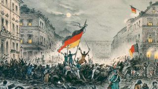 Ausschnitt aus der Kreidelithographie "Erinnerung an den Befreiungskampf in der verhängnisvollen Nacht vom 18-19 März 1848", die Straßenkämpfe in Berlin zeigt.
