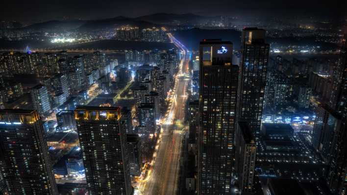 Nächtliche Ansicht der Hightech Stadt Songdo in Südkorea