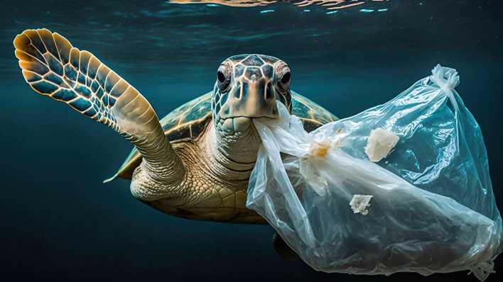Meeresschildkröte mit Plastik im Maul
