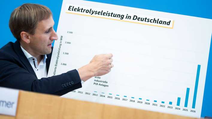 Michael Sterner, Professor für Energiespeicher und Energiesysteme an der Ostbayerischen Technischen Hochschule Regensburg, zeigt bei einer Pressekonferenz zur Vorstellung des Wasserstoffatlas Deutschland eine Grafik (Bild: picture alliance/dpa)