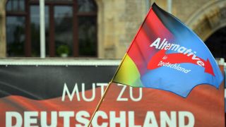 Eine Fahne mit dem Parteilogo der AfD weht während einer Kundgebung der AfD Sachsen-Anhalt auf dem Marktplatz von Dessau-Roßlau. (Archivbild)