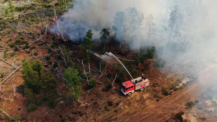 Ein Feuerwehrauto spritzt Wasser auf brennende Bäume. (Quelle: Picture Alliance)