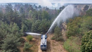 Ein Löschfahrzeug verspritzt Wasser in einem Waldstück mit Rauchentwicklung. (Quelle: Picture Alliance)