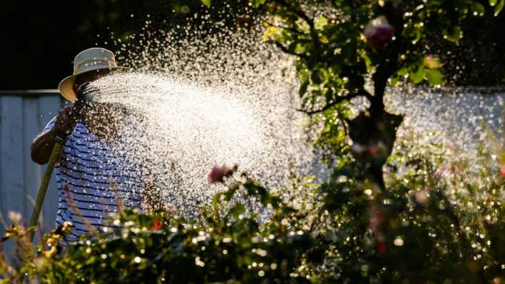 Eine Frau gießt mit Wasser aus einer Grundwasserpumpe ein Blumenbeet.