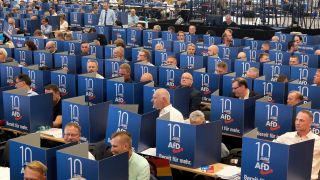 Delegierte geben hinter Wahlkabinen ihre Stimmen für den Listenplätze für die Europawahl der AfD auf der Europawahlversammlung in der Messe Magdeburg ab.