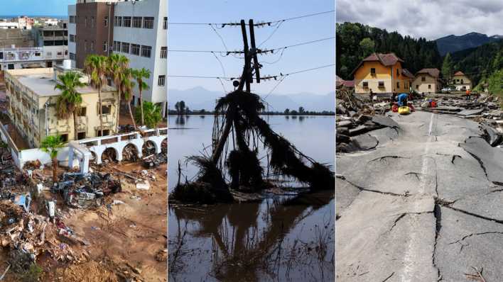 Bilder der Extremwetterkatastrophen in Libyen, Griechenland und Slowenien (Bild: picture alliance / Jamal Alkomaty / Marios Lolos / Luka Dakskobler)