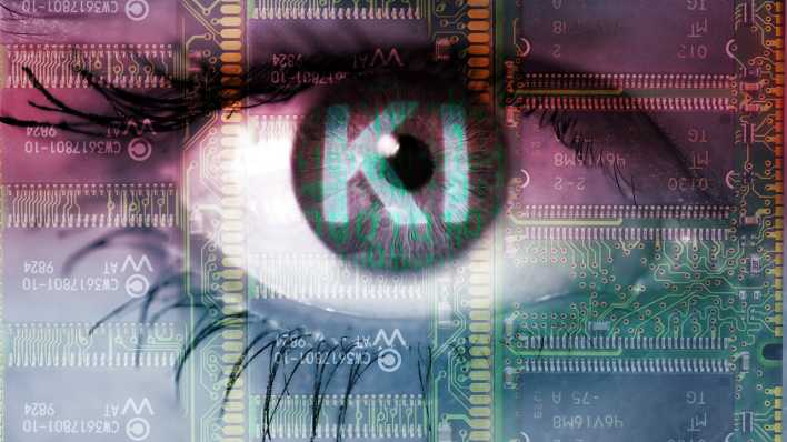 Auge einer Frau mit Binärcode und dem Schriftzug KI