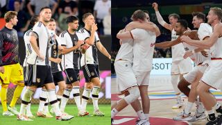 Collage: Frustrierte Fußballer, jubelnde Basketballer