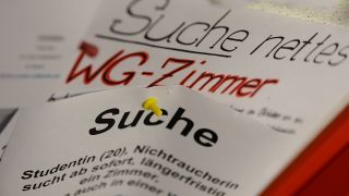 Mehrere WG-Zimmer-Gesuche hängen am Schwarzen Brett einer Universität.