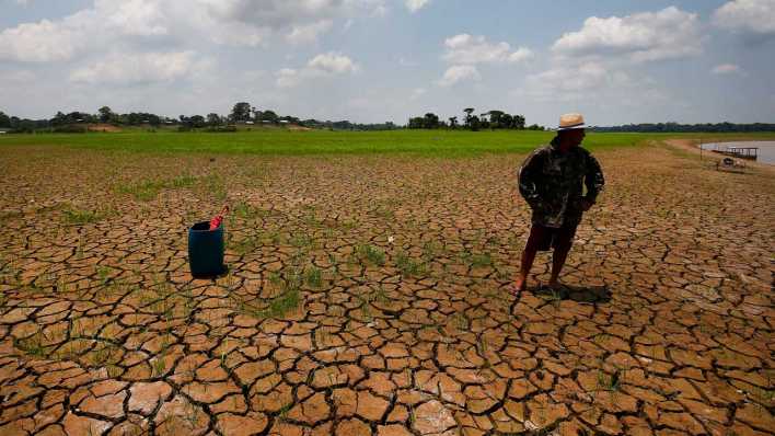 21.10.2023, Brasilien: Ein Mann steht am Ufer eines trockenen Abschnitts des Solimoes-Flusses in einer ländlichen Gegend des Bundesstaates Amazonas (Bild: picture alliance/dpa/AP)