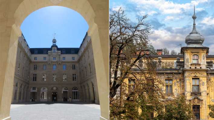 Das "Hotel de la Marine" in Paris (l.) und ein historisches Gebäude in der Innenstadt von Ljubljana (Bild: picture alliance / Photo12 / Elisabeth Knöbl-Zahn)