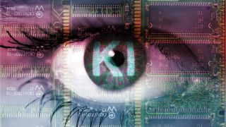 Auge einer Frau mit Binärcode und dem Schriftzug KI
