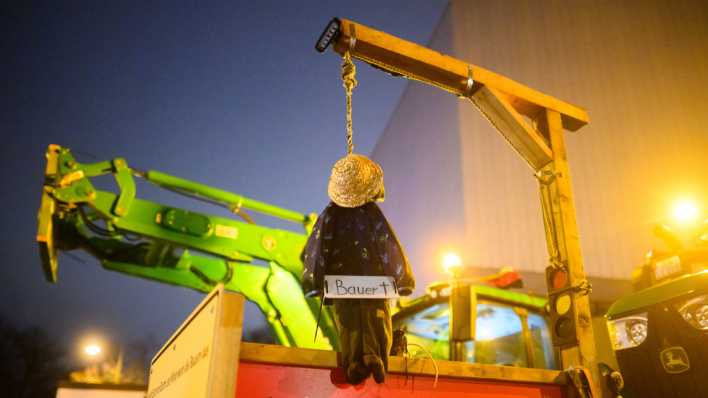 Eine kleine Bauernpuppe hängt an einem Galgen mit Ampel-Symbol bei einer Demonstration von Landwirten (Bild: picture alliance/dpa/Julian Stratenschulte)