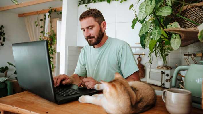 Mann mit Katze am Desktop