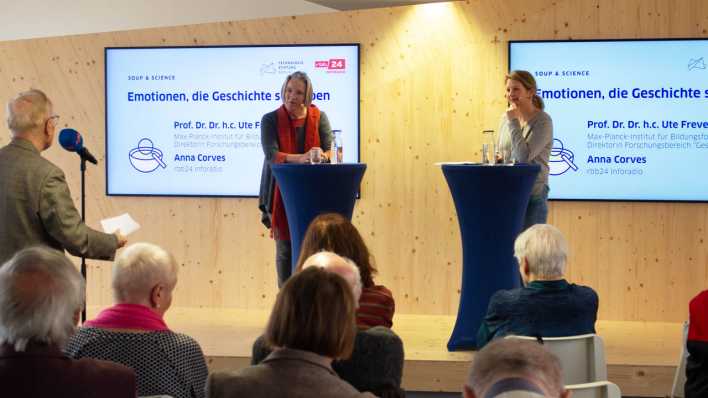 Anna Corves und Ute Frevert beim Soup & Science: Emotionen, die Geschichte schreiben (Bild: Technologiestiftung Berlin/Michael Scherer) Anna Corves und Ute Frevert beim Soup & Science: Emotionen, die Geschichte schreiben (Bild: Technologiestiftung Berlin/Michael Scherer)