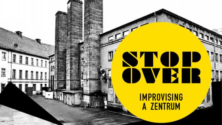 Das Logo von "Stop Over - Improvising a Zentrum" mit einem Bild der Alten Münze in Berlin