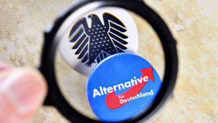 Unter einer Lupe sind zwei Anstecker - auf einem ist ein AfD-Logo, auf dem anderen der Bundesadler (Bild: picture alliance / CHROMORANGE | Christian Ohde)