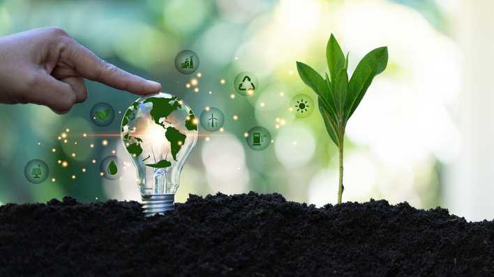 Erde, Pflanze und Glühbirne mit vielen Symbolen zu Öko-Energie