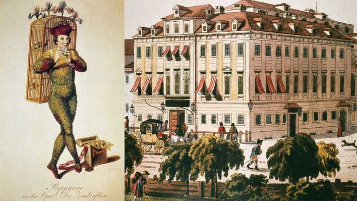 Collage: Zeichnung von Papageno, Theater in Wien (Bild: imago images/GRANGER)
