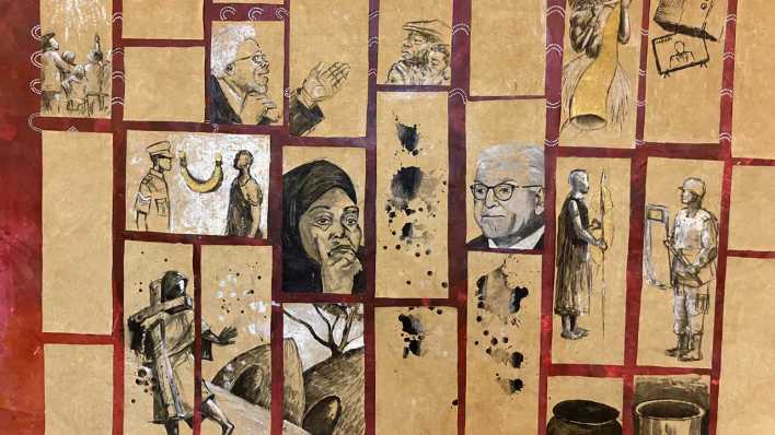 "Unfinished Story" von Amani Abeid, Ausstellungsplakat zur MAREJESHO-Ausstellung im Tieranatomischen Theater