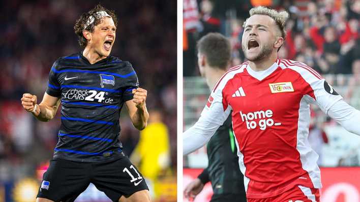 Die Collage zeigt Fabian Reese von Hertha BSC und Benedict Hollerbach von Union Berlin beim Jubel.