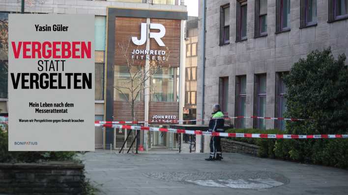 Fitnesstudio in Duisburg nach einem Messerattentat mit Buchcover "Vergeben statt vergelten"