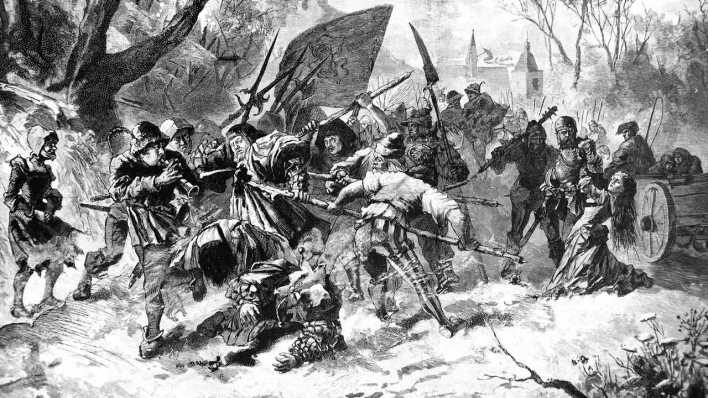 Blutige Ostern 1525, Großer Bauernkrieg oder Großer Bauernaufstand, digital restaurierte Reproduktion von einer Vorlage aus dem 19. Jahrhundert.
