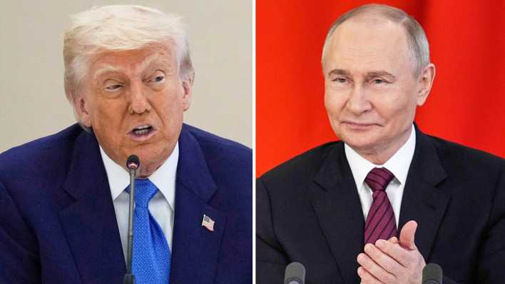 Kombo: US-Präsident Donald Trump in abu Dhabi und Russlands Präsident Putin in Moskau.